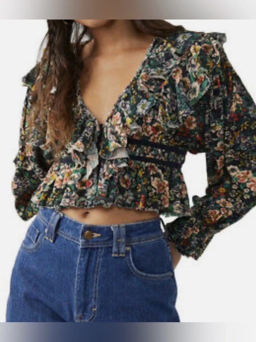 Free People Black and Multicolor Floral Ruffle Long Sleeve Blouse - Size S NWT